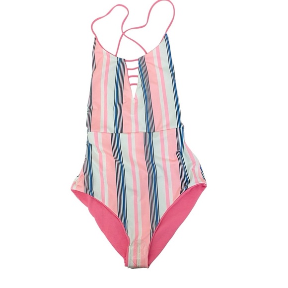 Maaji Reversible Swimsuit Pink Striped Lace Up - Picture 2 of 6